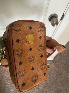 MCM Cognac Logo Visetos Belt Bag with Gold Plate